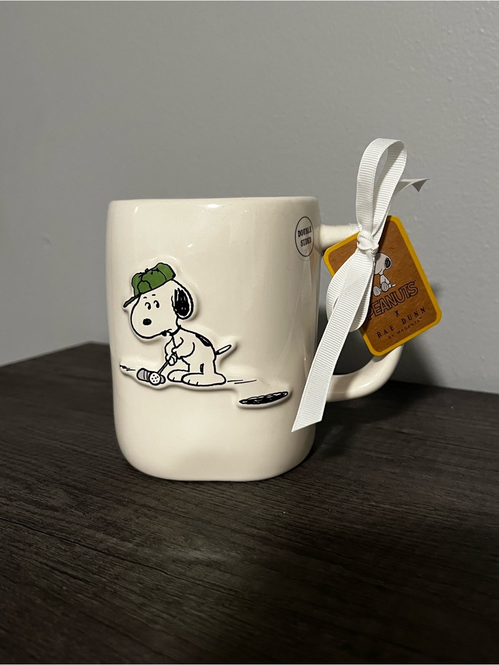 Rae Dunn White Ceramic Mug with Green-Accent Snoopy Golf Design
